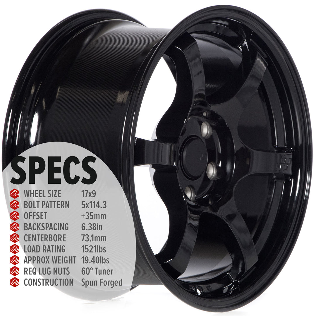 Gloss black multi-spoke alloy Circuit CSF1 wheel with center cap and spoke cutouts, angled view