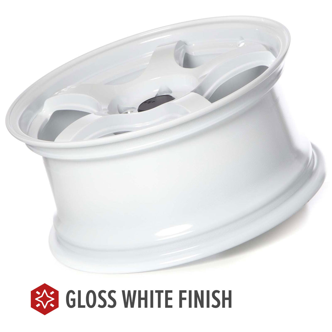 Gloss white alloy Circuit CSF5 wheel side profile showing multi-spoke rim and center hub