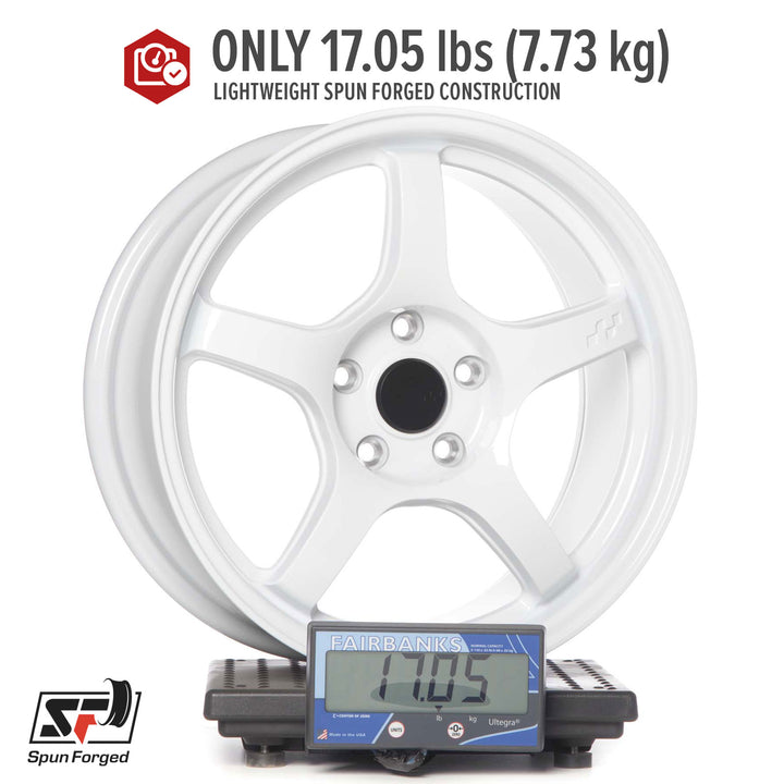 Gloss white alloy Circuit CSF5 wheel with center hub and lug holes, shown on a scale