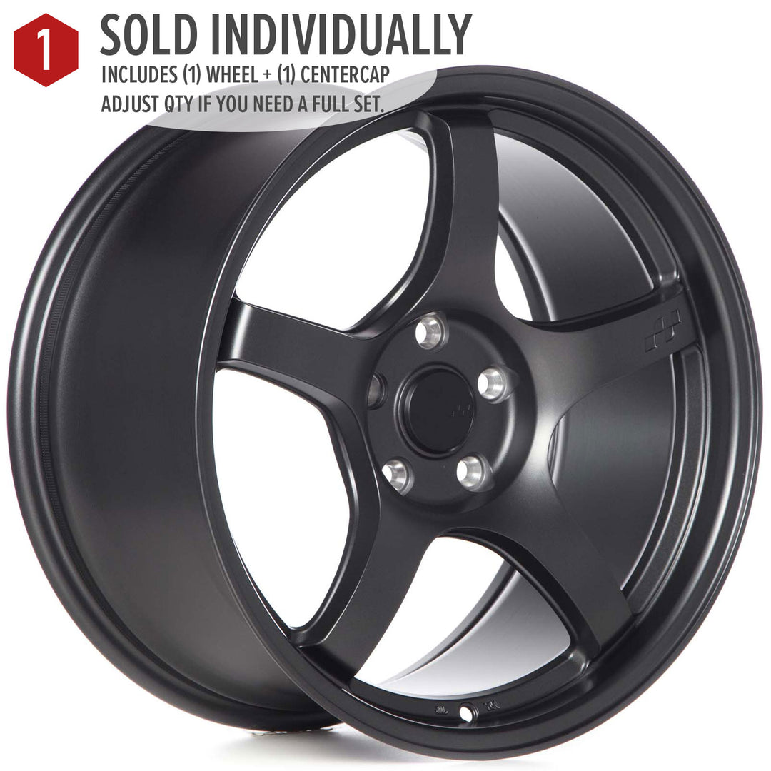 Matte gunmetal 5-spoke alloy Circuit CSF5 wheel with center cap, angled product view