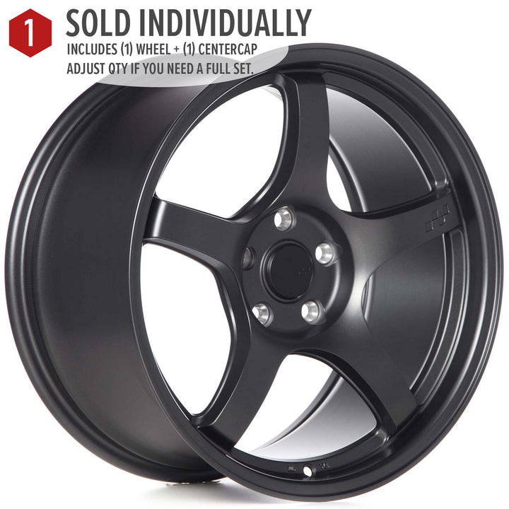 Matte gunmetal 5-spoke alloy Circuit CSF5 wheel with center cap, angled product view