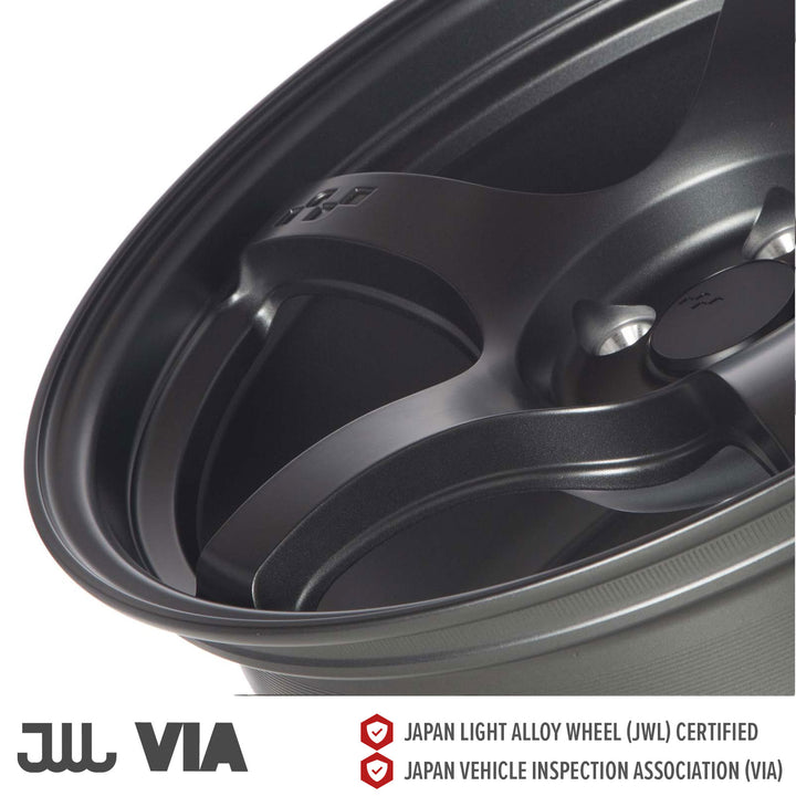 Close-up of matte gunmetal Circuit CSF5 wheel spoke and lip with glossy accent surface