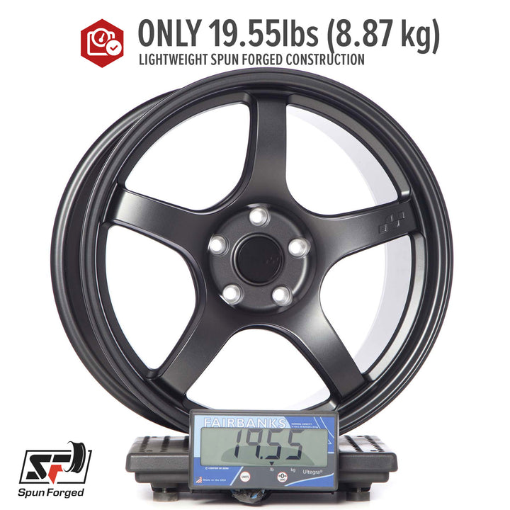 Matte gunmetal 5-spoke alloy Circuit CSF5 wheel on a scale, front view