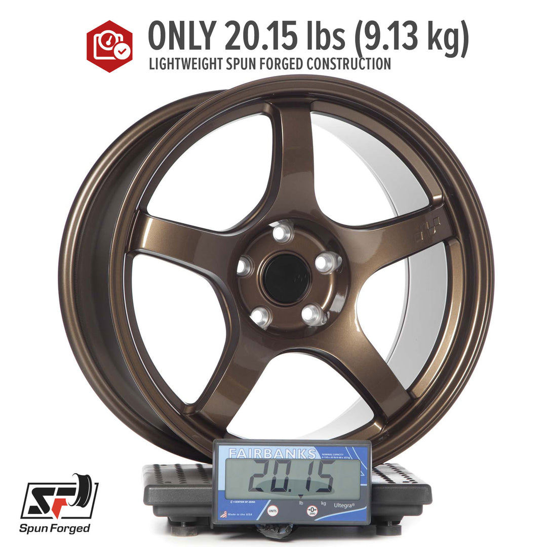 Circuit CSF5 Bronze alloy wheel rim on a stand, five spokes with lug bolt holes