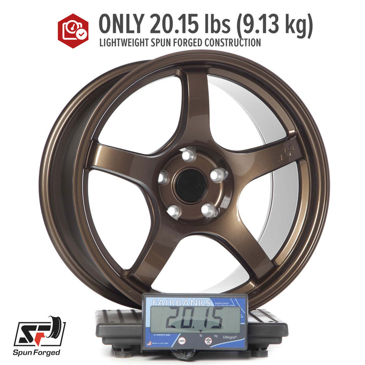 Circuit CSF5 Bronze alloy wheel rim on a stand, five spokes with lug bolt holes