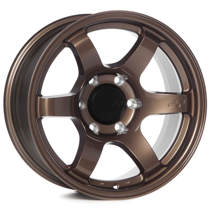 Circuit Steller Bronze alloy wheel with five split spokes and lug bolt holes, front view