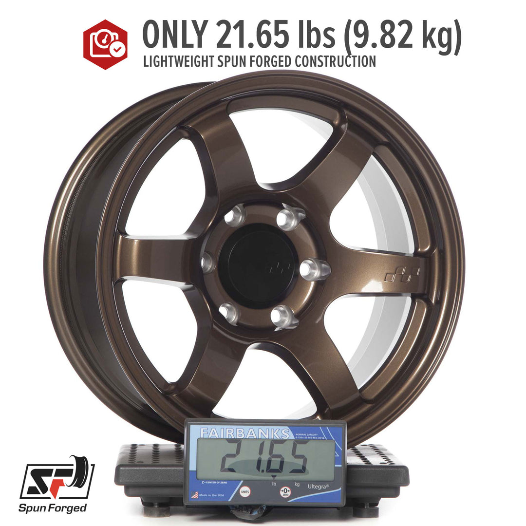 Circuit Steller Bronze alloy wheel with five split spokes and center cap, mounted on stand