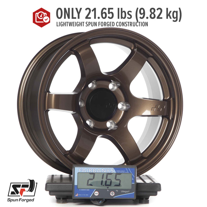 Circuit Steller Bronze alloy wheel with five split spokes and center cap, mounted on stand
